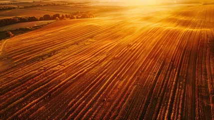 Poster Im Rahmen Aerial view of landscape of orange fields with soft sunlight. © somchai20162516