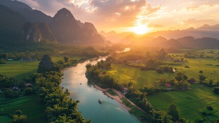 Aerial view of Vang Vieng landscape, Laos at sunset. - obrazy, fototapety, plakaty