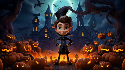 Halloween cartoon illustration for kids with a castle in background and bats in air