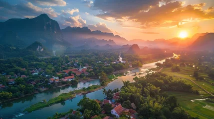 Fotobehang Aerial view of Vang Vieng landscape, Laos at sunset. © somchai20162516