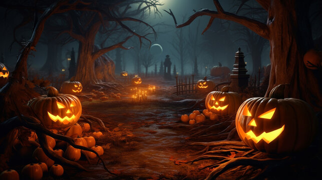 Halloween background with amazing pumpkin in graveyard