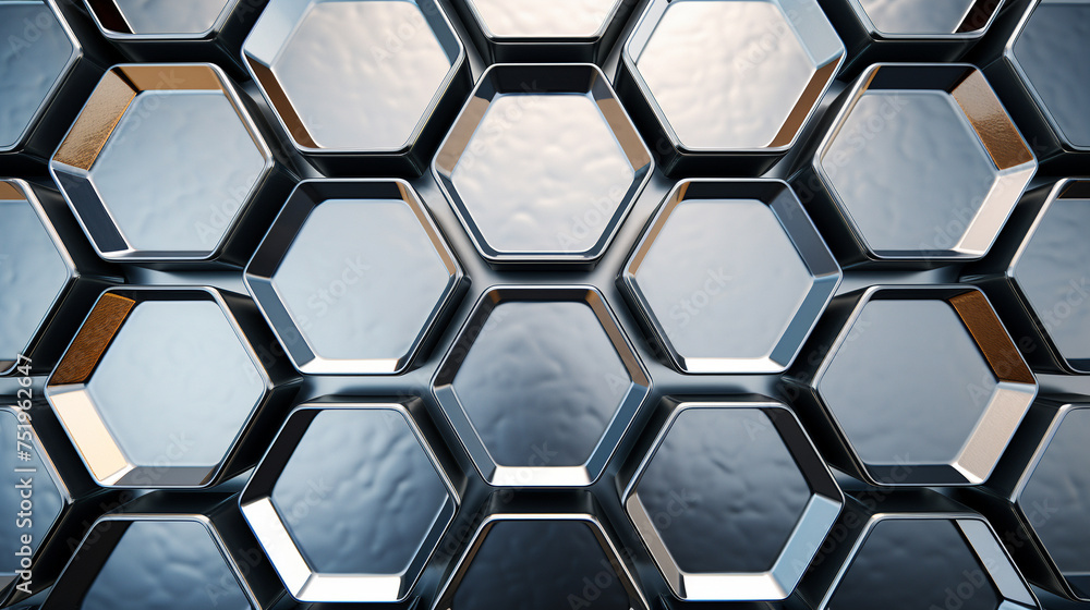 Poster abstract image showcasing a pattern of hexagons with varying shades and reflective metallic surfaces
