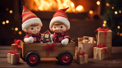Fototapeta na wymiar Happy holiday cute Christmas elves loading Santa Claus 