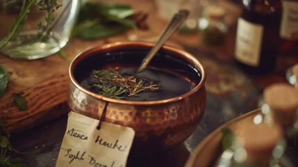 A detailed shot of a copper vessel filled with a dark herbal concoction along with a handwritten label naming its Ayurvedic purpose.
