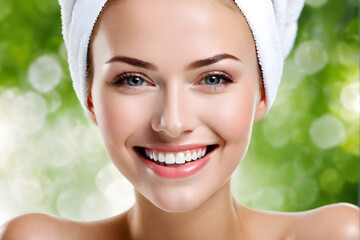 close-up Beautiful smile woman mouth. Beautiful woman relaxing at spa and pool, skin care and healthy concept.	 - 751963044