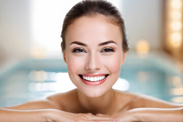 close-up Beautiful smile woman mouth. Beautiful woman relaxing at spa and pool, skin care and healthy concept.	 - 751963052