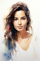 Fototapeta premium Watercolor portrait of a beautiful adult female girl with long hair, smiling, happy, on white background