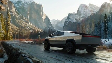 Side view of a futuristic pickup truck driving on a beautiful road along mountains and forests with beautiful nature as a backdrop.