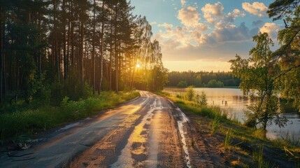 Fototapeta premium The road between the summer forest and the blue lake. Air. Sunlight.