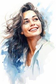 Watercolor portrait of  a beautiful adult female girl with long hair, smiling, happy, on white background
