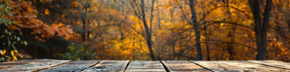 Empty rustic wooden table for displaying products with blurred background of autumn forest. - Powered by Adobe