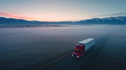 Top view of red logistics truck at sunrise with thin fog. mountains in the background