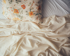 Overhead view of a cozy duvet on top of a bedsheet - obrazy, fototapety, plakaty
