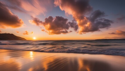 Fototapeta premium Sunset's golden glow on the ocean's edge