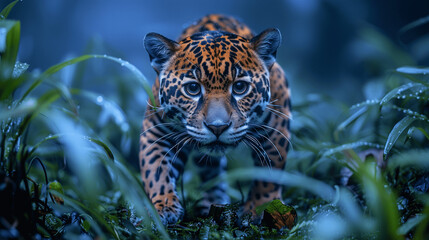 Close-up of a Jaguar Stalking Through a Misty Jungle