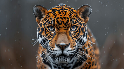 Close-Up Portrait of a Jaguar in Rain - obrazy, fototapety, plakaty