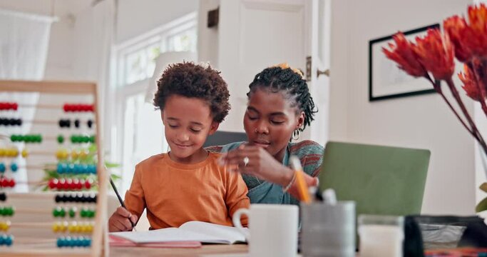 Mother, child and writing learning in home with confusion for homework answer for education, knowledge or lesson. Woman, son and notebook for school work together with support, help or development