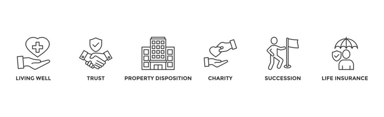 Estate planning banner web icon vector illustration concept with icon of living well, trust, property disposition, charity, succession, life insurance	