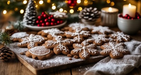 Fototapeta na wymiar Warm holiday cheer with festive cookies and twinkling lights