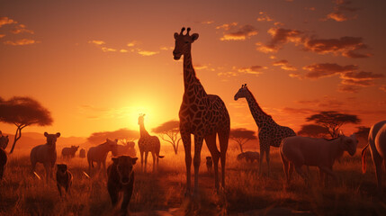 Lions giraffes and other wild creatures are seen in jungle under sunset