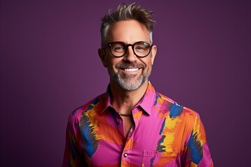 Portrait of a handsome middle-aged man wearing glasses and a colorful shirt. - obrazy, fototapety, plakaty