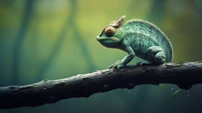 A picture of lonely iguana on a branch of tree in jungle