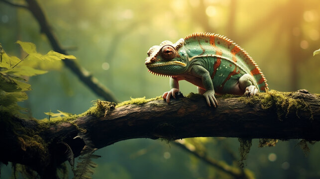 A picture of lonely iguana on a branch of tree in jungle