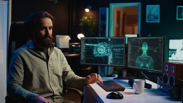 Deviant AI superintelligence enslaving its creator, controlling his limbs, doing robotic movements. Rogue artificial intelligence possessing man, threating humanity, camera B