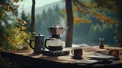 Poster Making coffee while taking a break in a scenic hiking © rai stone