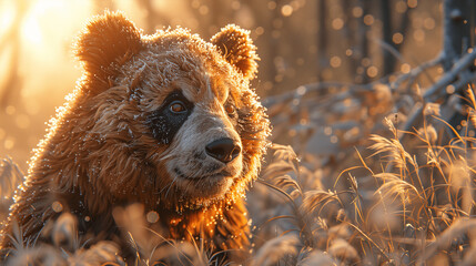 Close-Up of a Bear With Dewdrops in Golden Morning Light - obrazy, fototapety, plakaty