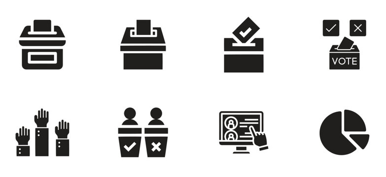 Vector vote icon with voter hand, ballot box, computer, voting hands. Democracy election poll silhouette symbol.