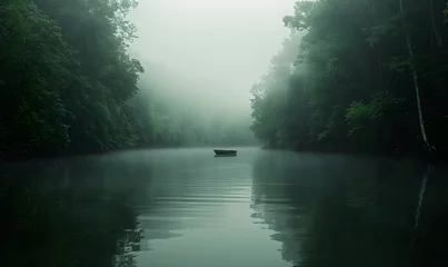 Foto auf Acrylglas foggy sky in the middle of the picture and a boat in the middle of the water, Generative AI  © simba kim