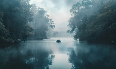 Fototapeta premium foggy sky in the middle of the picture and a boat in the middle of the water, Generative AI 