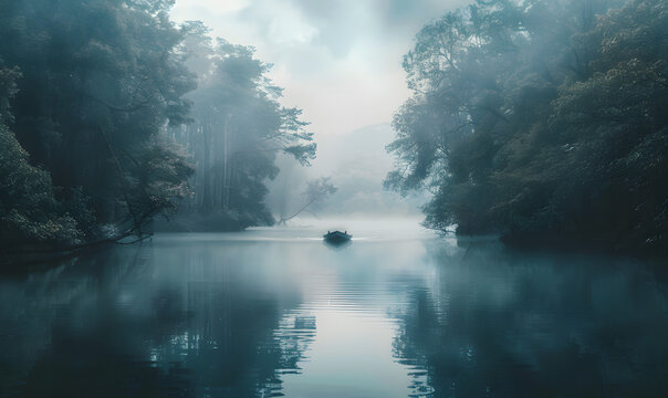 foggy sky in the middle of the picture and a boat in the middle of the water, Generative AI 