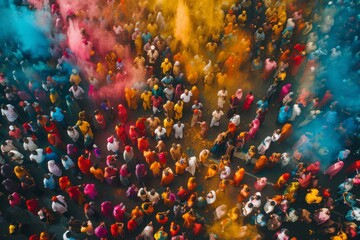 Top-down perspective of vibrant Holi festival with crowds throwing colorful powders in celebration. - Powered by Adobe