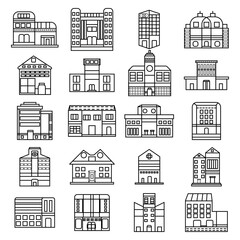 Buildings line icon set. Bank, school, courthouse, university, library. Architecture concept. Can be used for topics like office, city, real estate