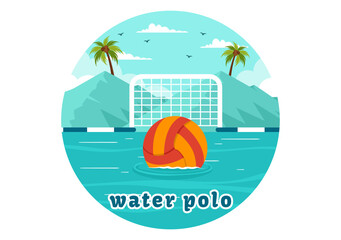 Water Polo Sport Vector Illustration with Player Playing to Throw the Ball on the Opponent's Goal in the Swimming Pool in Flat Cartoon Background