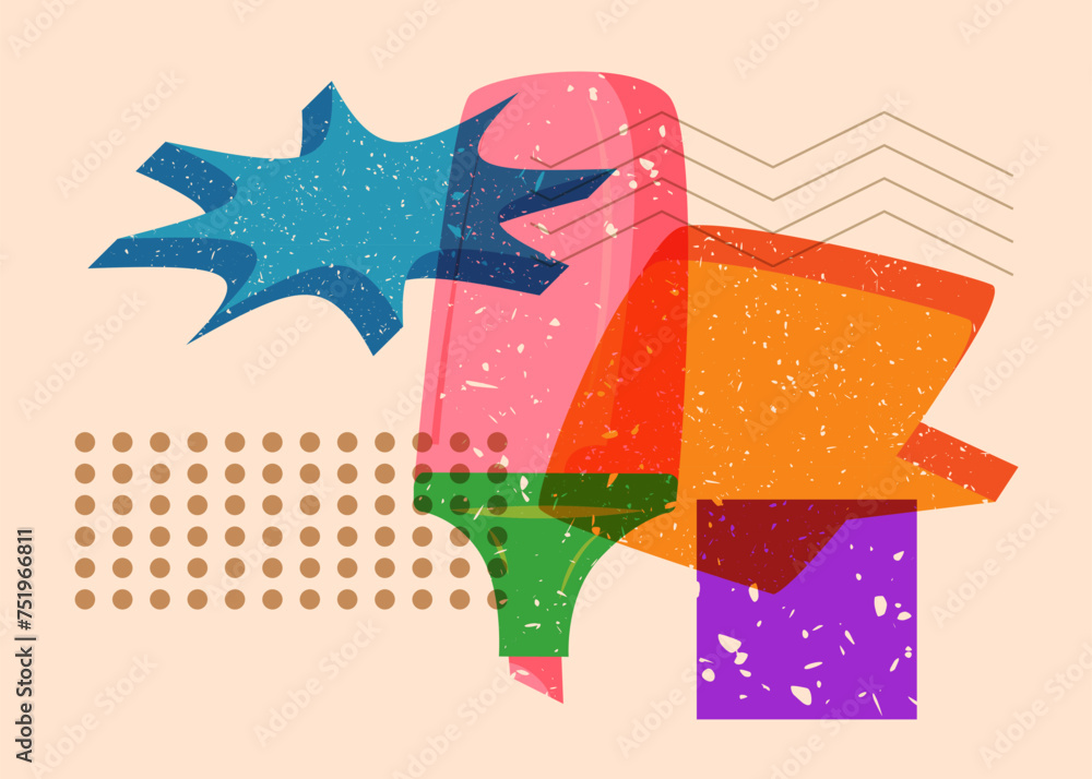 Poster risograph felt tip pen with speech bubble with geometric shapes. objects in trendy riso graph print 
