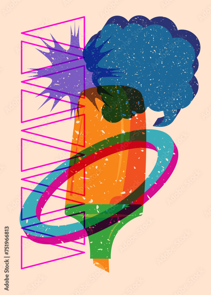 Poster risograph felt tip pen with speech bubble with geometric shapes. objects in trendy riso graph print 
