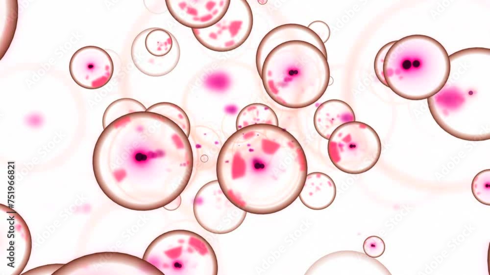 Poster bubbles with nucleus in molecular stream. design. molecular cells with embryos move in stream. bubbl