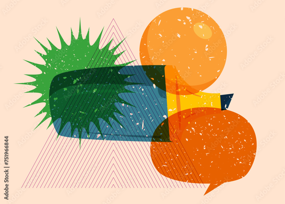Poster risograph felt tip pen with speech bubble with geometric shapes. objects in trendy riso graph print 