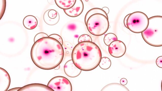Bubbles with nucleus in molecular stream. Design. Molecular cells with embryos move in stream. Bubbles of molecules with disease inside move in space