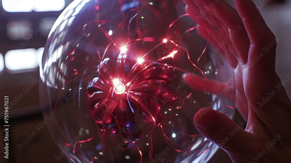 Poster with the touch of a finger electricity surges towards the edges of the plasma ball creating a dazzli