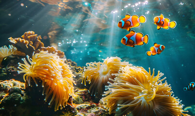 clown fish swimming over a coral covered in sea anemones in a sea anemone aquarium, Generative AI  - obrazy, fototapety, plakaty