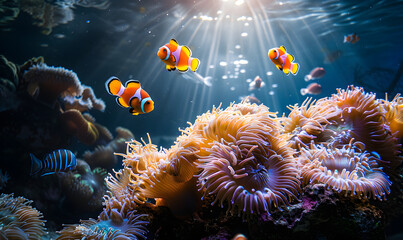 Fototapeta na wymiar clown fish swimming over a coral covered in sea anemones in a sea anemone aquarium, Generative AI 