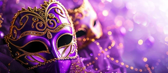 Tuinposter Festive venetian mask on a gradient purple background, copy space background © Hanasta