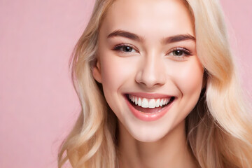 Beautiful smile woman mouth. Smiling young woman with blonde long groomed hair isolated on pastel flat background with copy space - 751967259