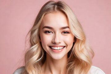 Beautiful smile woman mouth. Smiling young woman with blonde long groomed hair isolated on pastel flat background with copy space - 751967261