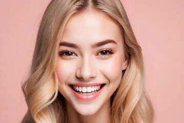 Beautiful smile woman mouth. Smiling young woman with blonde long groomed hair isolated on pastel flat background with copy space - 751967266