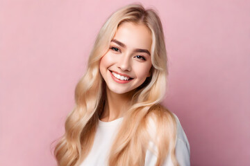 Beautiful smile woman mouth. Smiling young woman with blonde long groomed hair isolated on pastel flat background with copy space